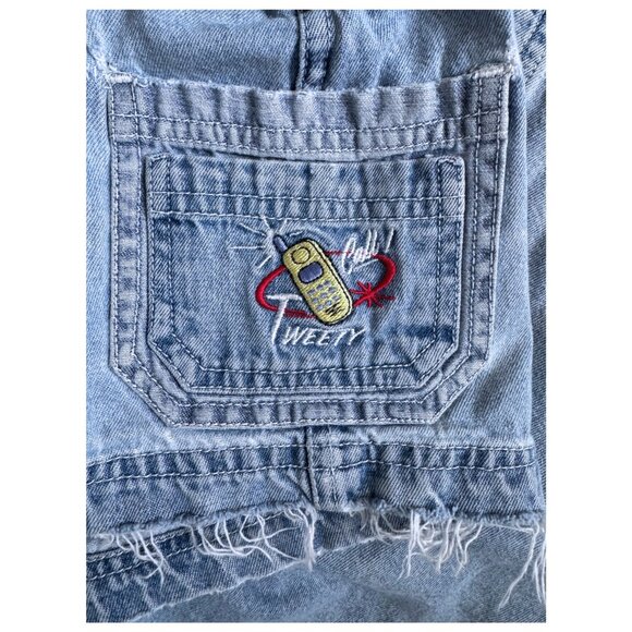 Looney Tunes Tweety Bird Distressed Denim Overall Shorts 90s–Y2K Size XL Vintage - Picture 5 of 11